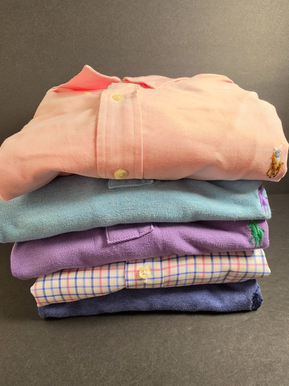 Ralph Lauren Stack of Mens Polo Shirts in Coral, Aqua, Lavender, Plaid & Navy